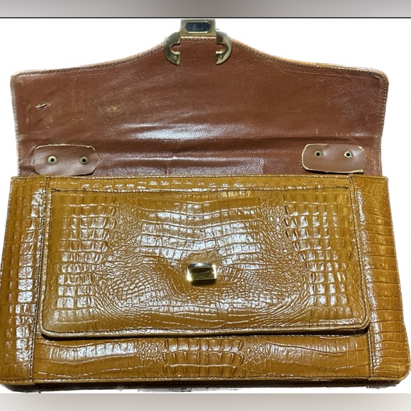 Vintage Cognac Alligator Pattern Leather Satchel Handbag Purse - Picture 3 of 9